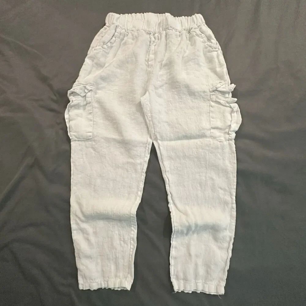 100% Linen Cargo Pants Made in Italy Womens L White Slacks Vacation Costal